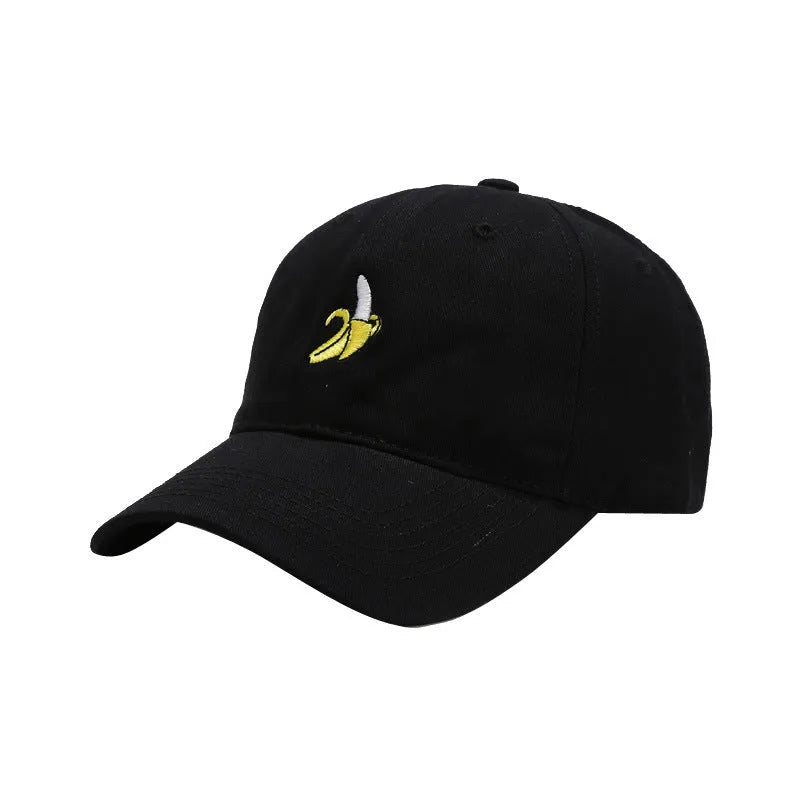 Cute banana fruit embroidered soft top baseball cap on adjustable strap, shown in peacock blue colour.