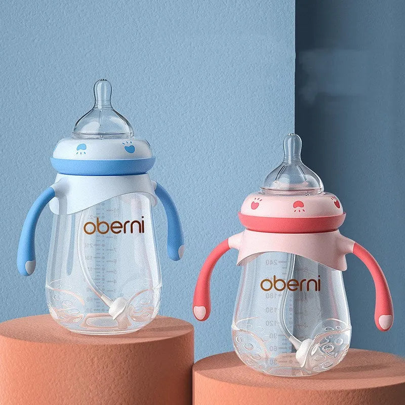 Blue wide calibre baby bottle with handle, showing gourd shape and anti-colic teat.