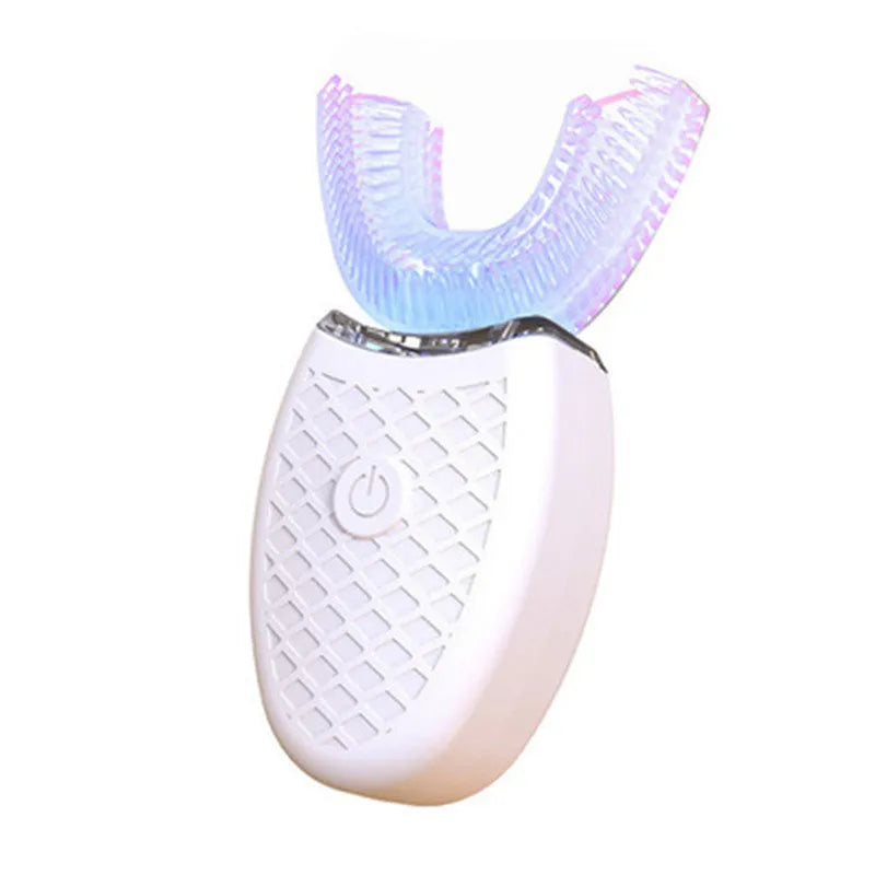 360-degree U-shaped electric toothbrush in white with silicone head and charging cable