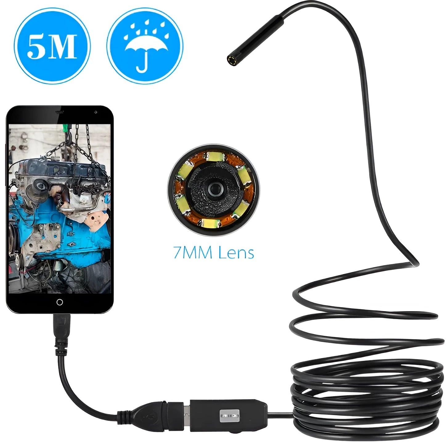 OWSOO 7mm USB endoscope camera with 5m cable, hook, magnet, and side audition tools