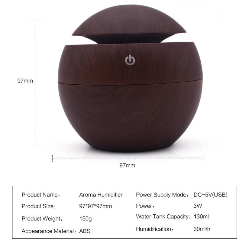 White USB ultrasonic atomiser humidifier with 130ml water tank measuring 110x110x95mm