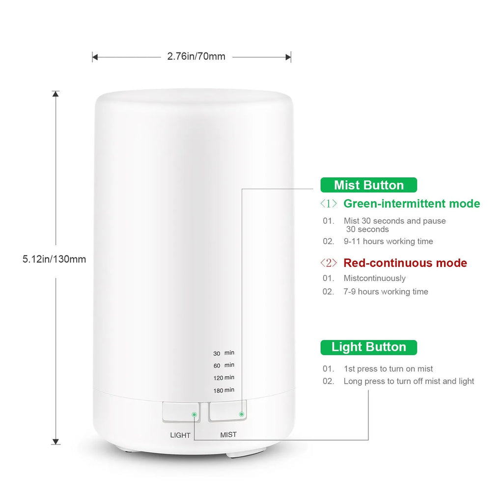 White USB mini ultrasonic aromatherapy diffuser with 7-colour LED light, 125ml capacity, 75 x 130mm