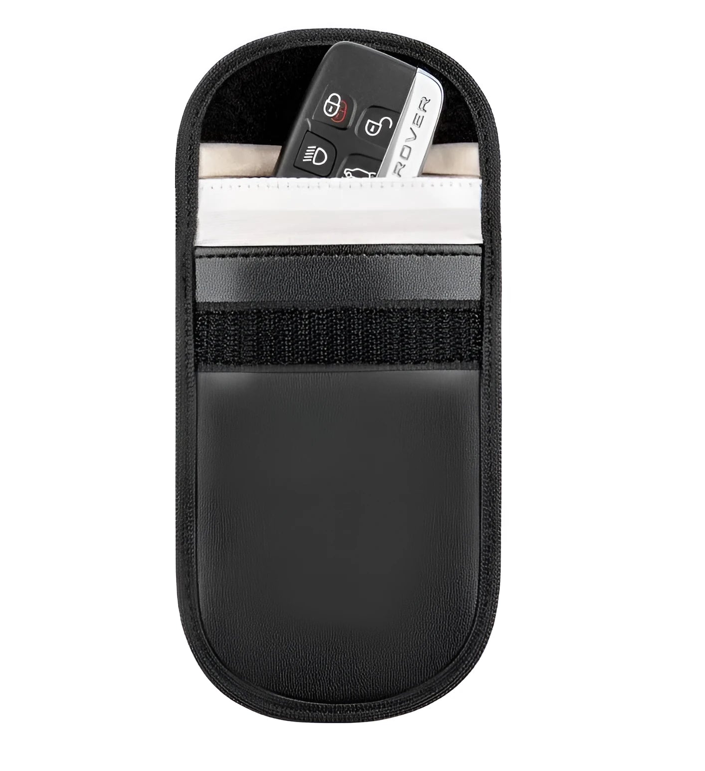 Black microfiber Faraday cage pouch for blocking car key and RFID card signals on a table.