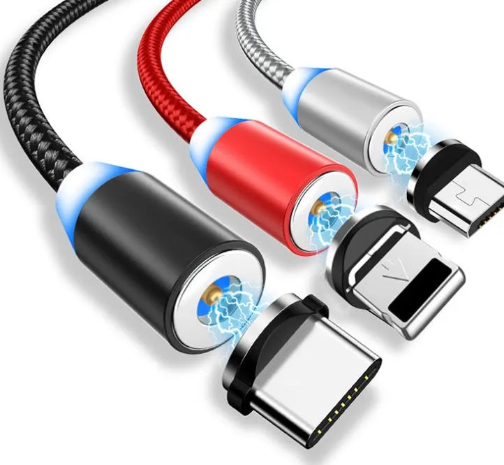 1 metre magnetic LED charging cable with cotton woven cord and three-in-one connector in aluminium shell