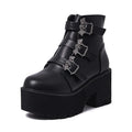 Black women's punk platform ankle boots with bat buckle and side zip.