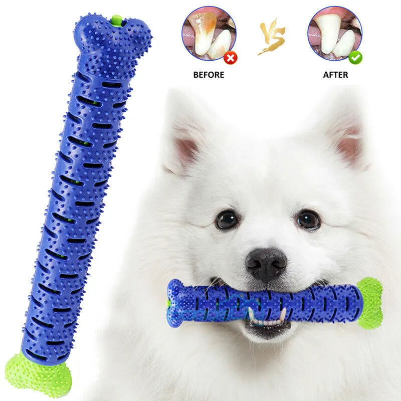 Blue and green rubber dog toothbrush chew toy with treat dispenser, 25cm bone shape