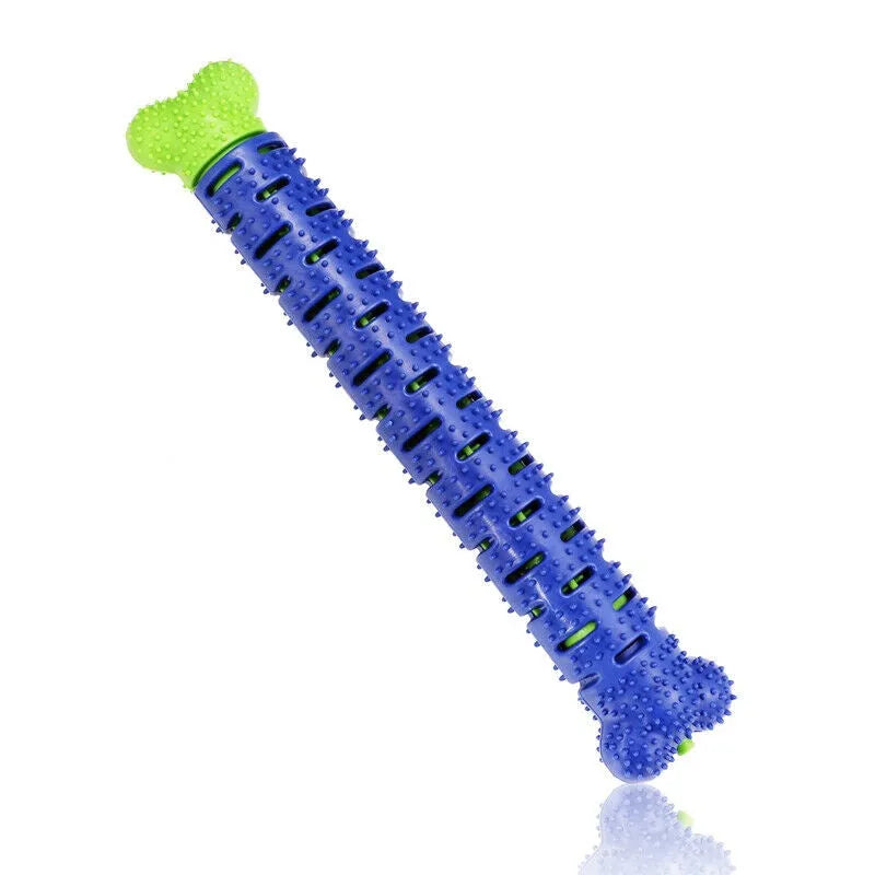 Blue and green rubber dog toothbrush chew toy with treat dispenser, 25cm bone shape
