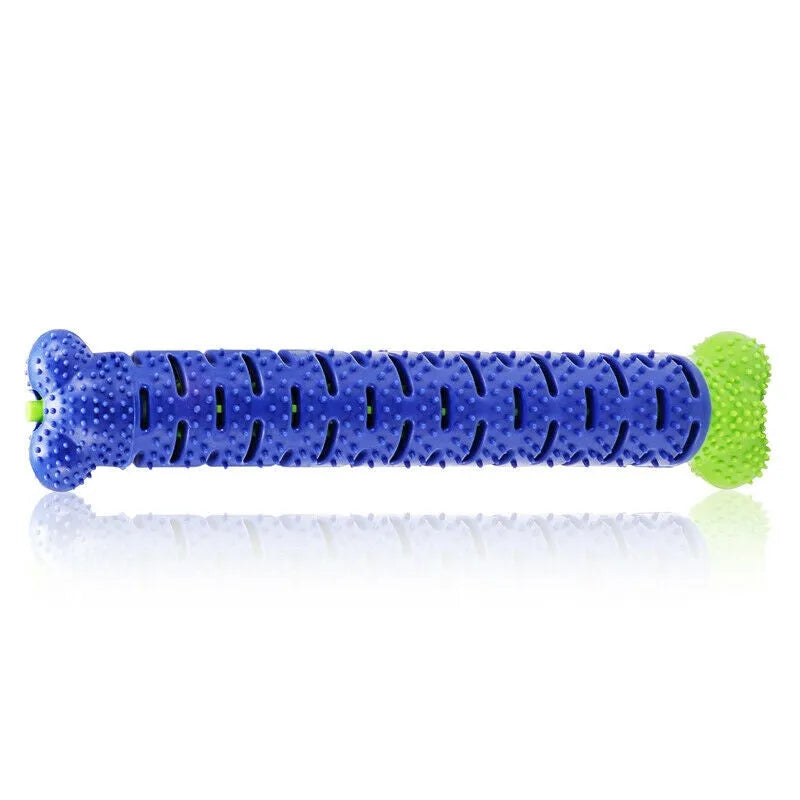 Blue and green rubber dog toothbrush chew toy with treat dispenser, 25cm bone shape