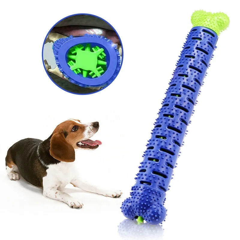 Blue and green rubber dog toothbrush chew toy with treat dispenser, 25cm bone shape