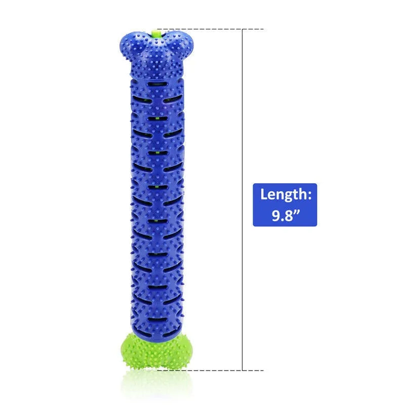 Blue and green rubber dog toothbrush chew toy with treat dispenser, 25cm bone shape