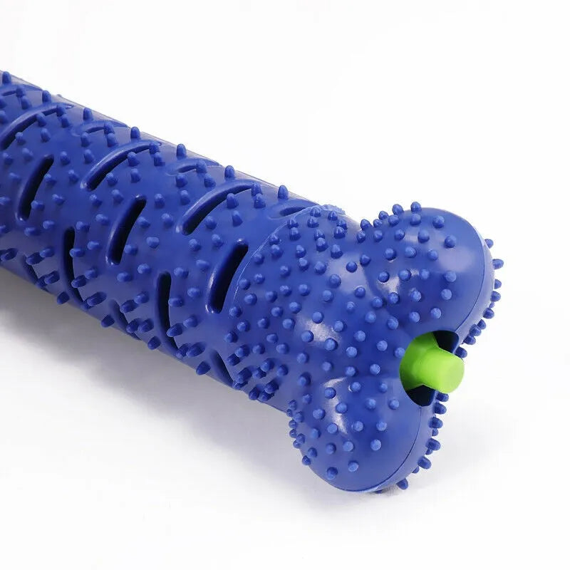 Blue and green rubber dog toothbrush chew toy with treat dispenser, 25cm bone shape