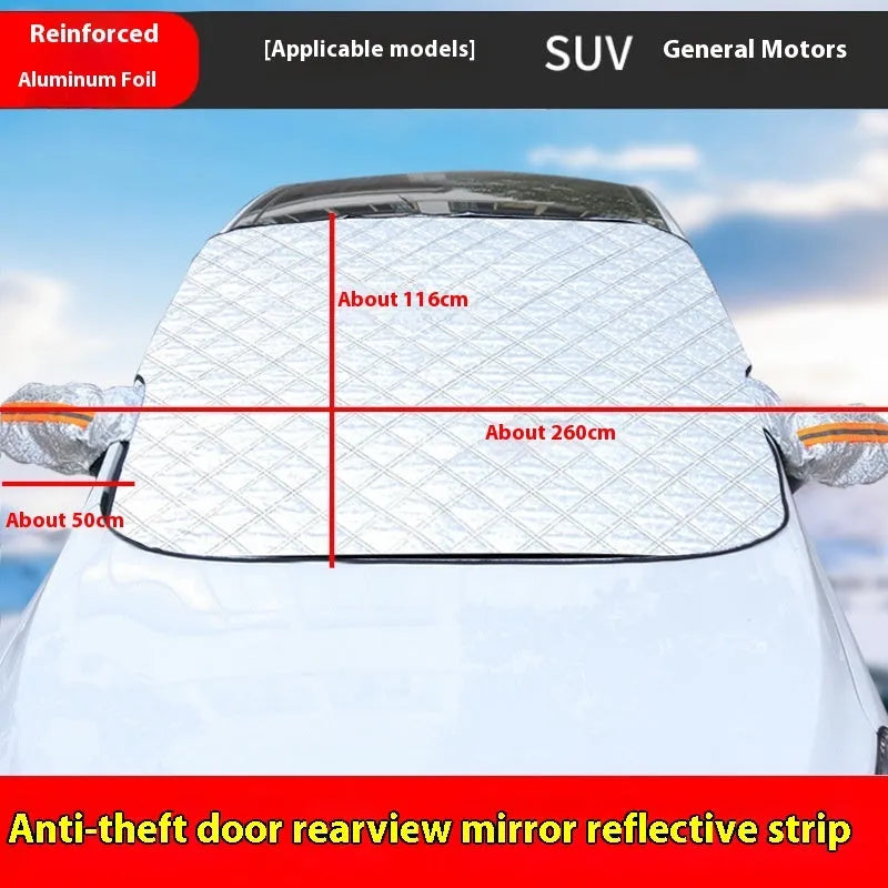 Aluminium foil winter car cover for SUV front windshield with reflective stripes and five magnets