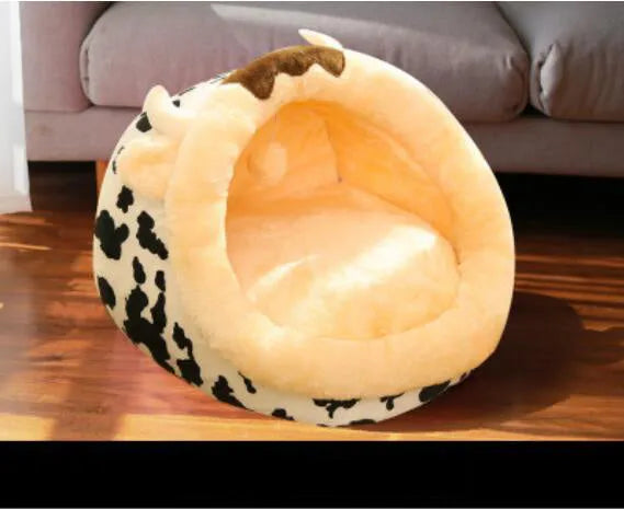 Cow colour suede S size cat house for indoor use, accommodating multiple cats