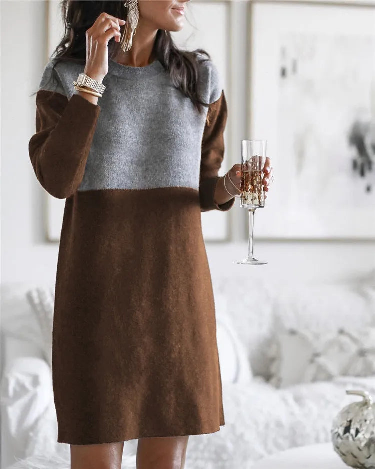 Brown women's polar fleece cotton dress with patchwork skirt, round neck, and long sleeves in retro art style