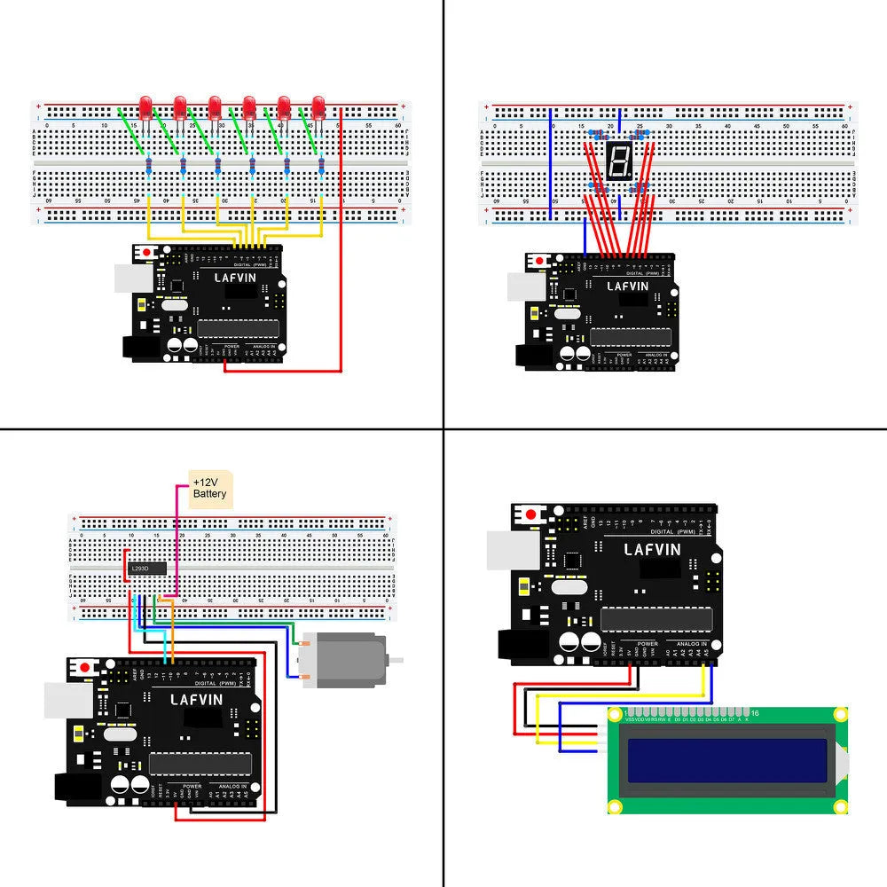 LAFVIN Arduino R3 Super Starter Kit showing blue Uno R3 board, breadboard, LEDs, sensors, and components on a table.