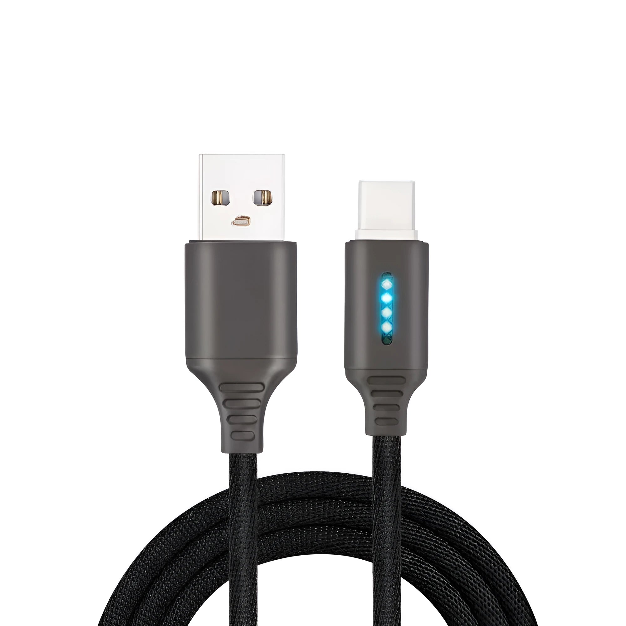 Black fabric weave USB fast charging cable with Android connector, 1 metre long.