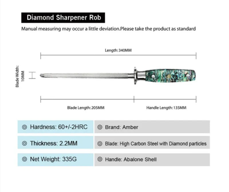 Household manual knife sharpener with abalone shell handle and high carbon steel blade.