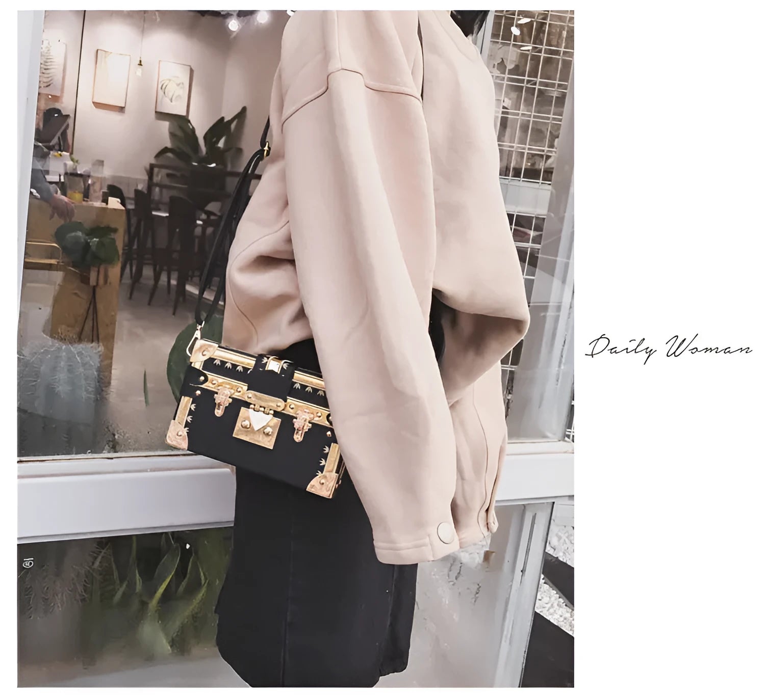 Hard PU women's shoulder bag in black with flap closure, rivet detail, and adjustable strap.