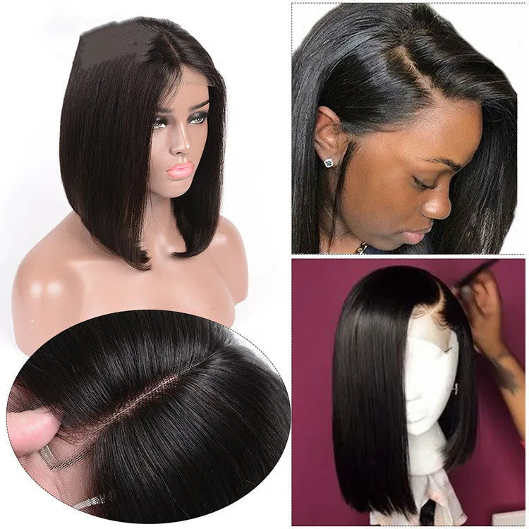 Front lace black short straight wig half hand-woven chemical fiber high temperature silk black colour