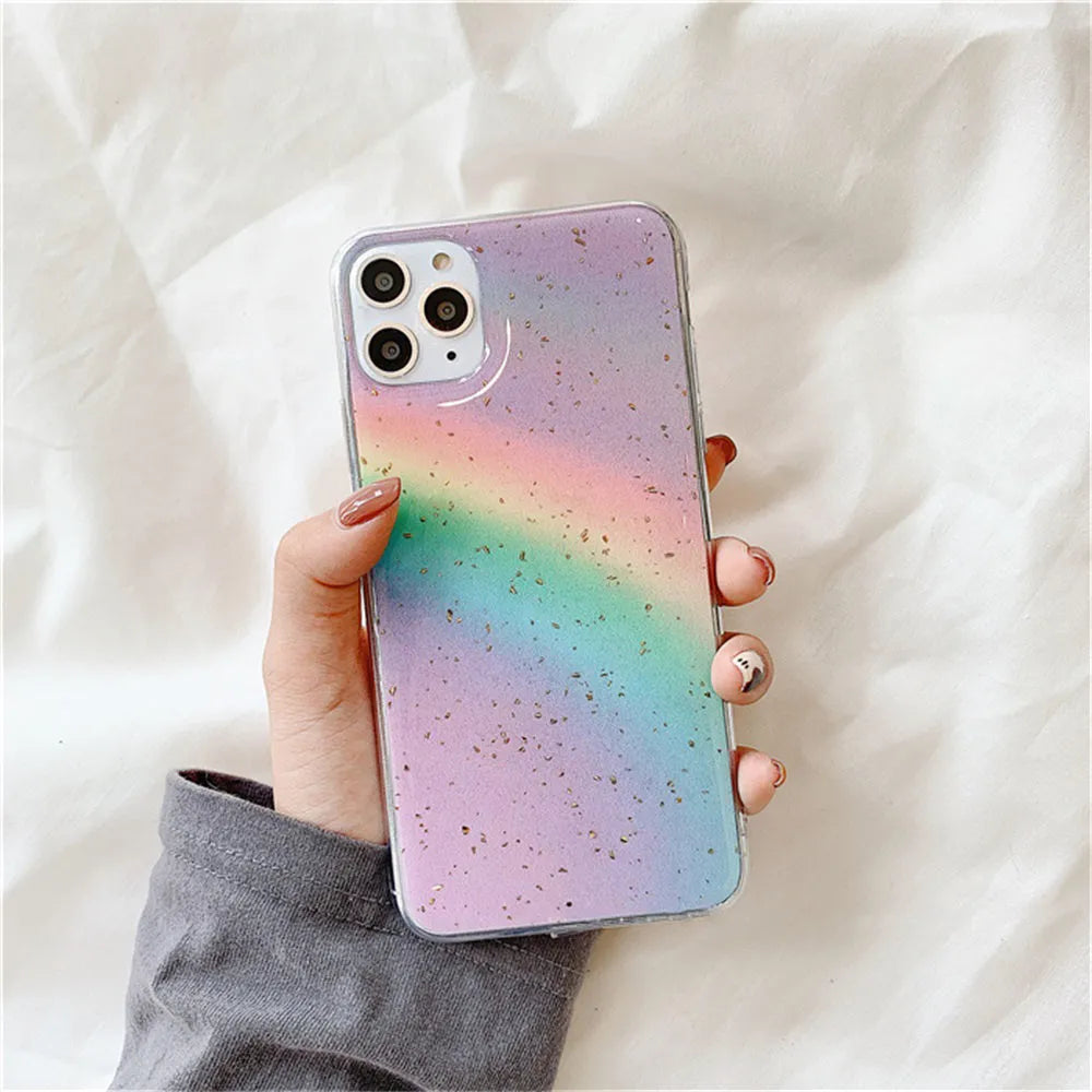 Rainbow gradient striped TPU phone case for iPhone models on a white background.