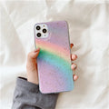 Rainbow gradient striped TPU phone case for iPhone models on a white background.