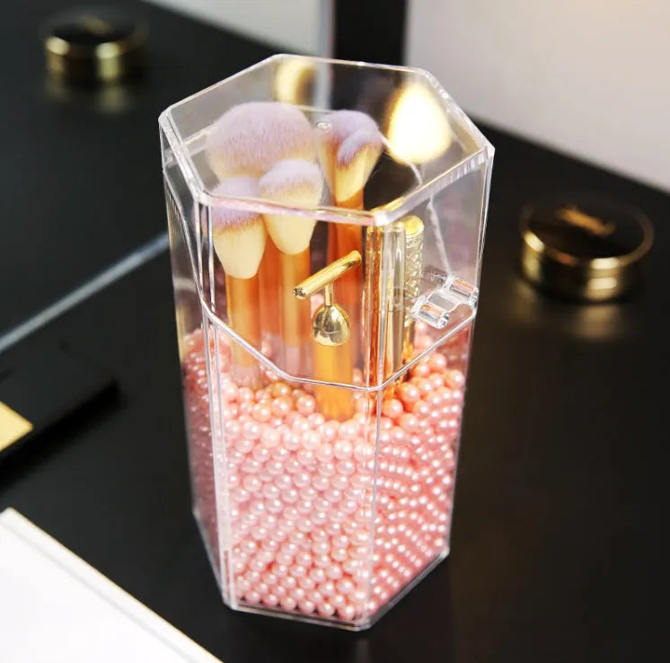Transparent acrylic makeup brush storage bucket in white on bedroom table
