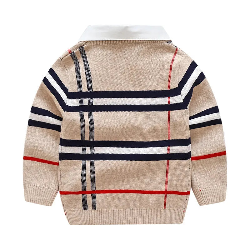 Boys apricot and navy blue plaid jacquard cotton blend long sleeve sweater