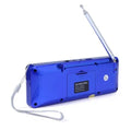 L-288AMBT portable Bluetooth speaker with LCD screen showing radio frequency, available in black blue gold red colours