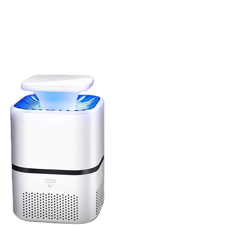 White ultimate version photocatalyst mosquito killer with blue light on a flat surface, USB cable attached