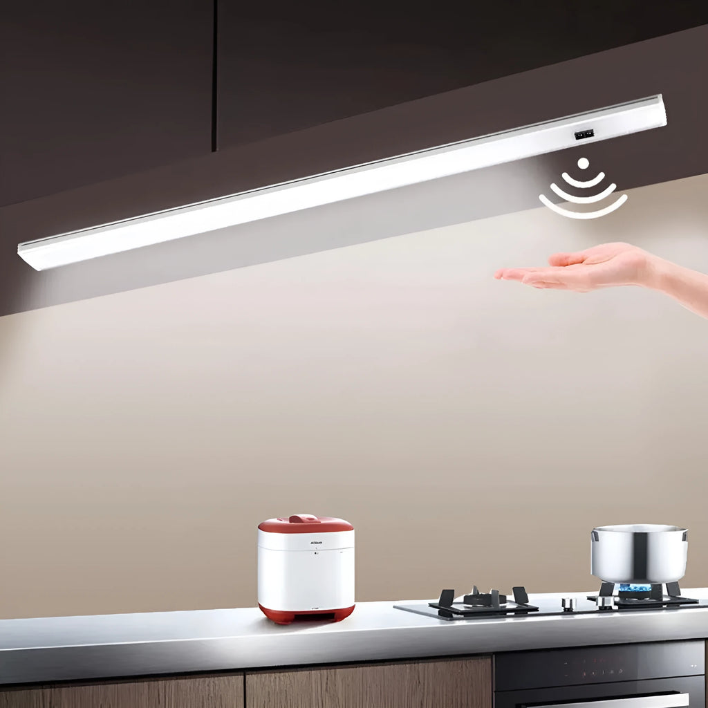 Slim aluminium profile LED strip bar light for cabinet and shelf illumination.