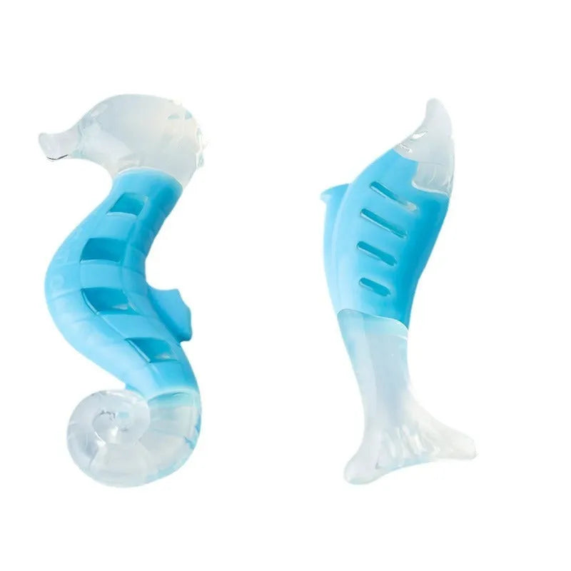 Two dog chew toys - seahorse and tuna shapes - made from soft PU nylon material
