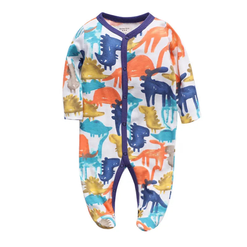Cotton baby one-piece clothes in dinosaur print for infants.