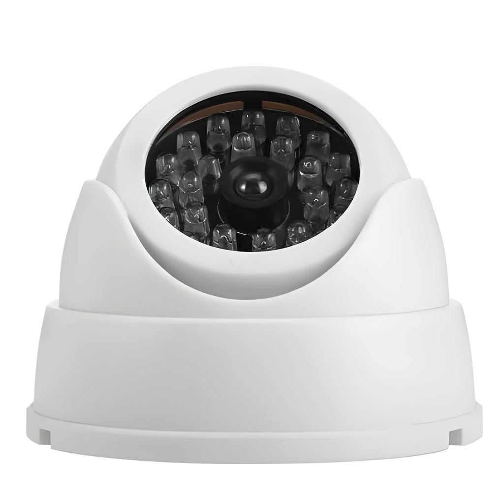 White plastic dummy dome CCTV camera with flashing red LED, 9.4 x 9.4 x 7 cm, indoor outdoor use