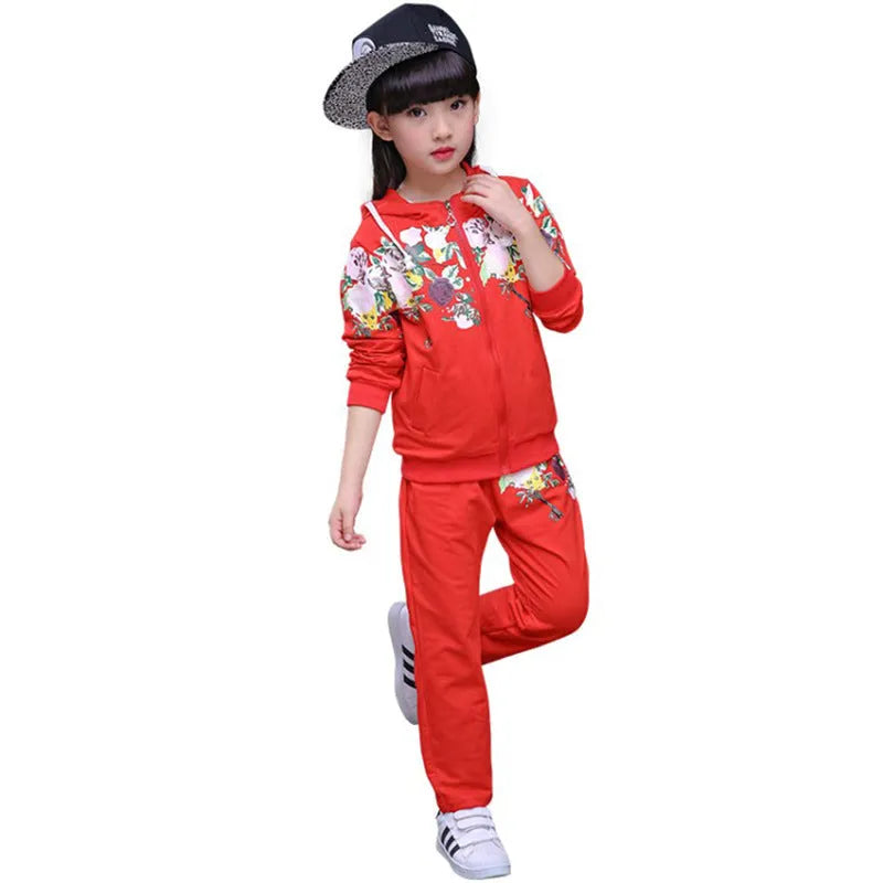 Children's hooded pants suit set in pink, red, or yellow colours for spring and autumn wear