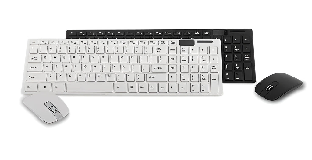 HK-06 wireless keyboard and mouse set in black or white with 2.4GHz USB receiver, 10m range and optical 1200 DPI mouse