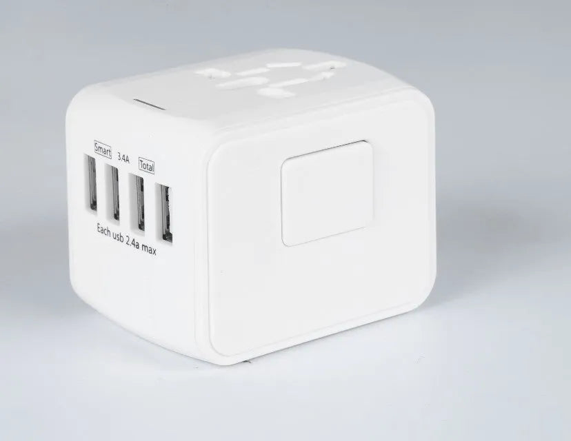 Multi-function travel socket adapter with USB charger, PC shell, black, 66x53x52mm, 4 socket holes for global use