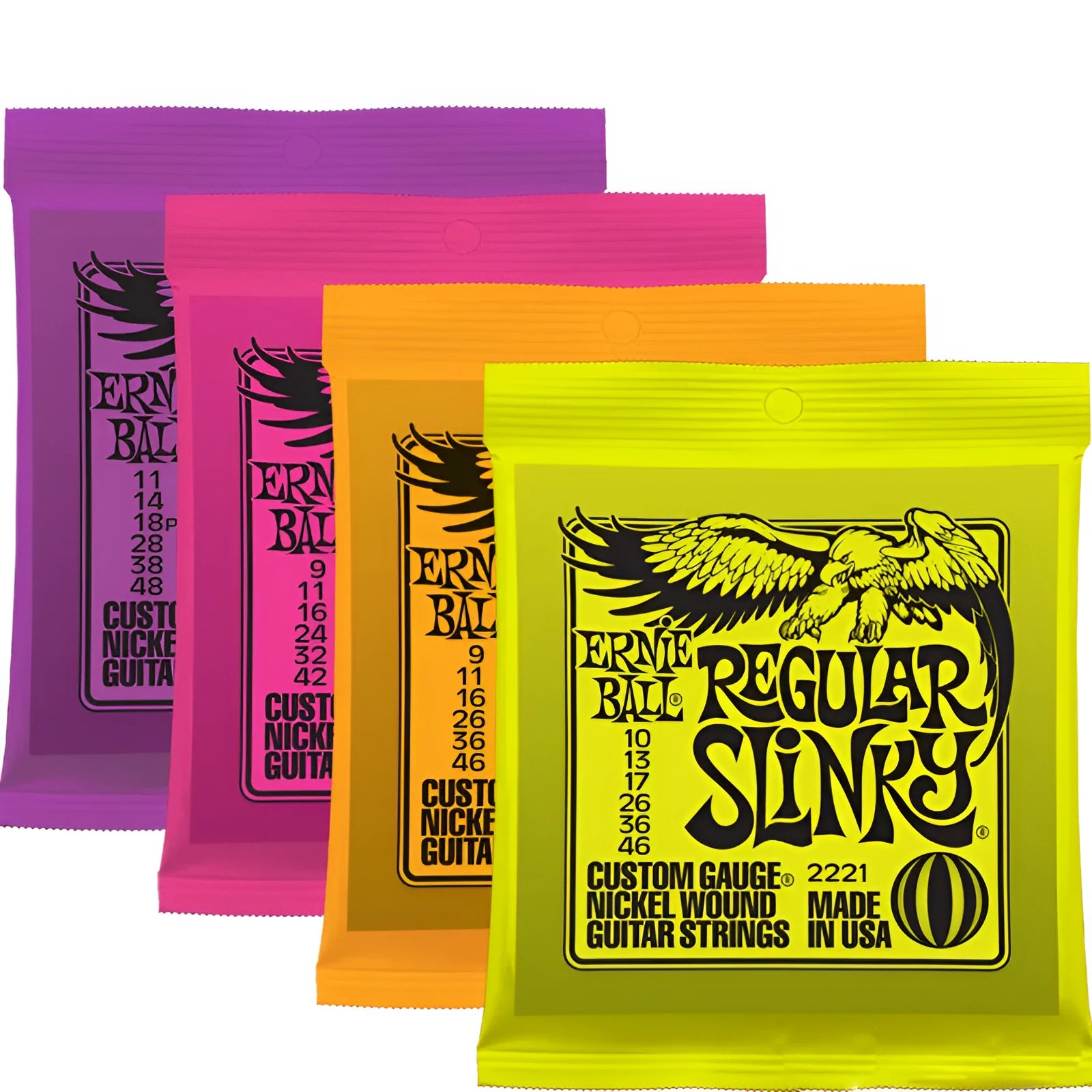 Set of nickel-plated alloy electric bass guitar strings for rock and metal music.