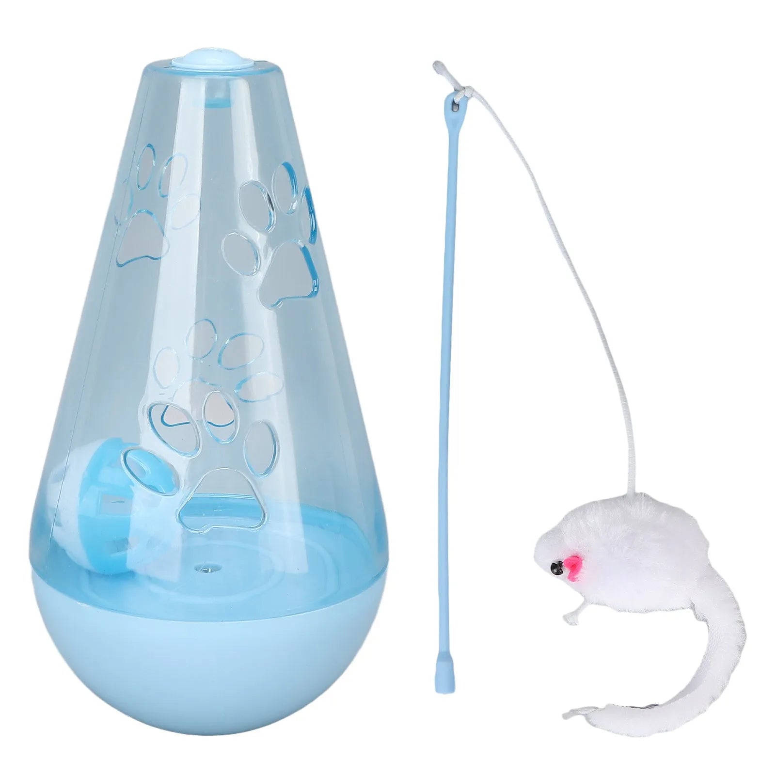 Blue and yellow cat toy with bell ball and treat dispenser plus plush mouse wand on white background