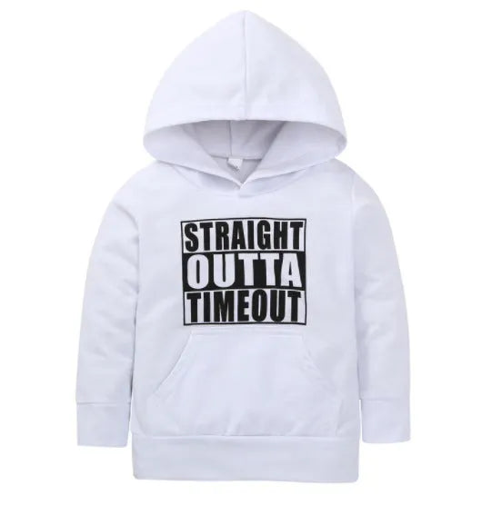 Boys' black and white hooded cotton sweater with letter pattern, long sleeves, and pullover design