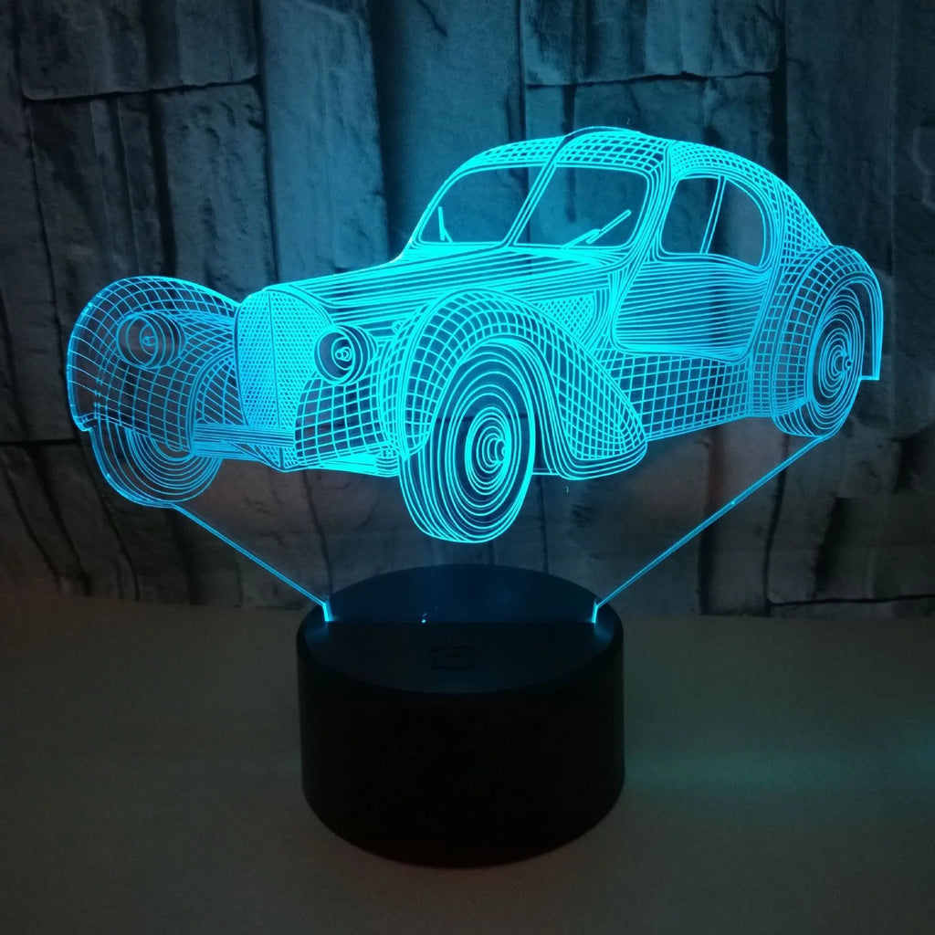 Classic car USB 3D night light with acrylic panel, ABS base, and remote control showing seven colour options