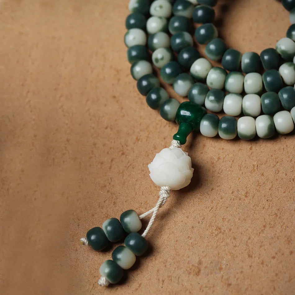 Lotus white jade Bodhi beads bracelet with floating flowers landscape pattern in ethnic style
