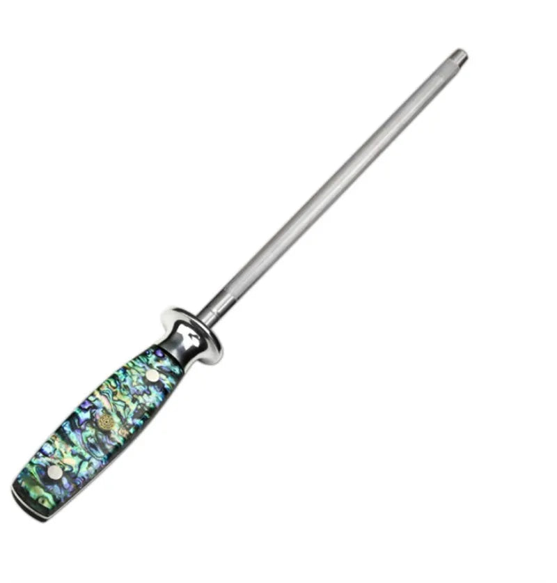 Household manual knife sharpener with abalone shell handle and high carbon steel blade.