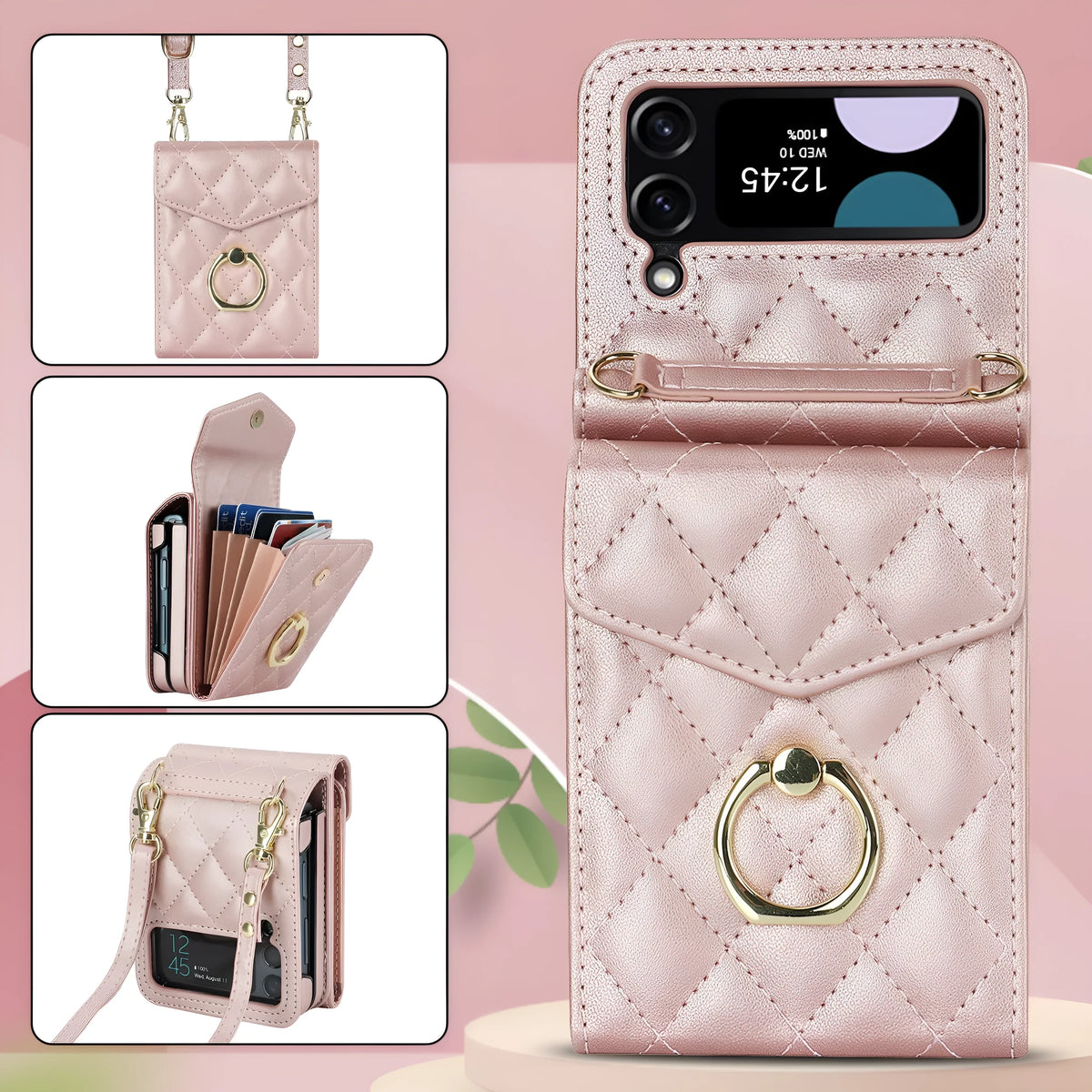 Crossbody folding ring phone case for Samsung Galaxy Z Flip in black, white, red, light purple, mint green, and rose gold, PU TPU drop-resistant leather-style cover