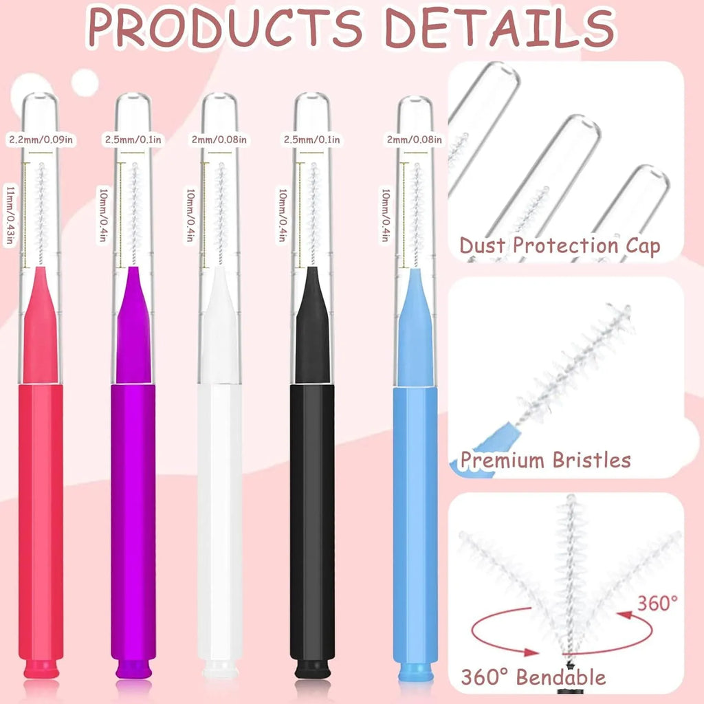 Set of plastic and stainless steel eyebrow and eyelash brushes in black, blue, purple, red, and white with protective caps.