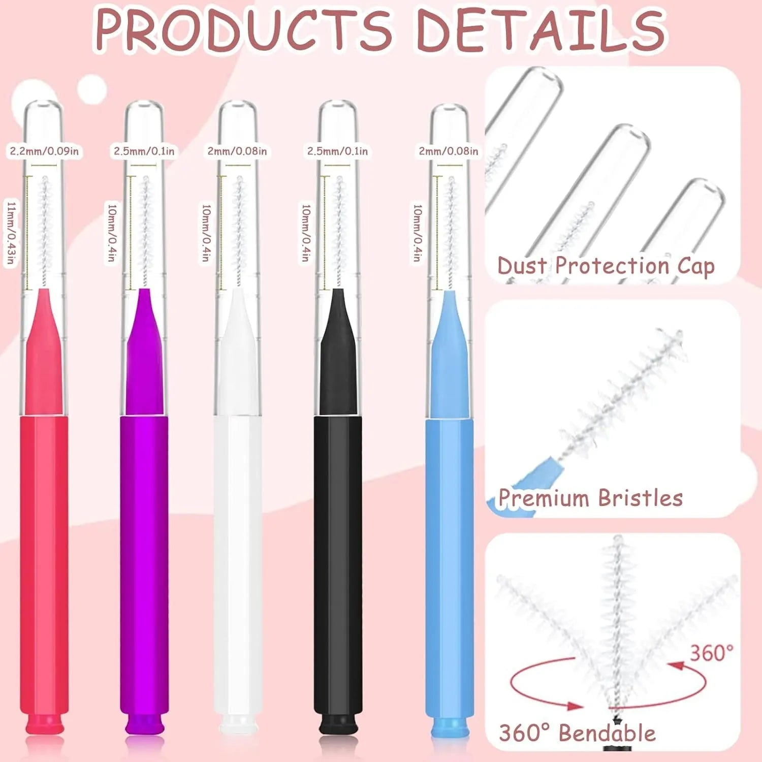 Set of plastic and stainless steel eyebrow and eyelash brushes in black, blue, purple, red, and white with protective caps.