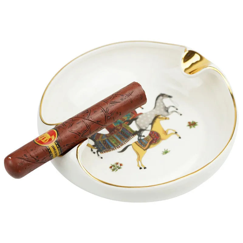 Bone ceramic cigar ashtray with manual gold drawing, 175mm square, horse colour finish