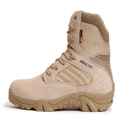 Delta high and low army boots in full-grain cowhide with rubber sole, available in black, green, sand, sizes 35 to 46