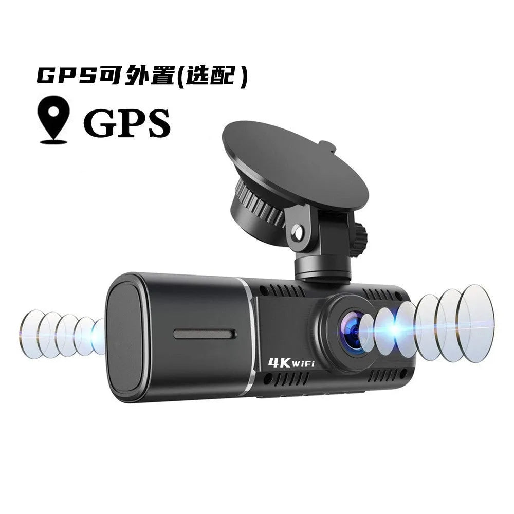 Standard black dual car dash cam on windscreen mount with 1.5-inch screen, showing wide-angle road view.