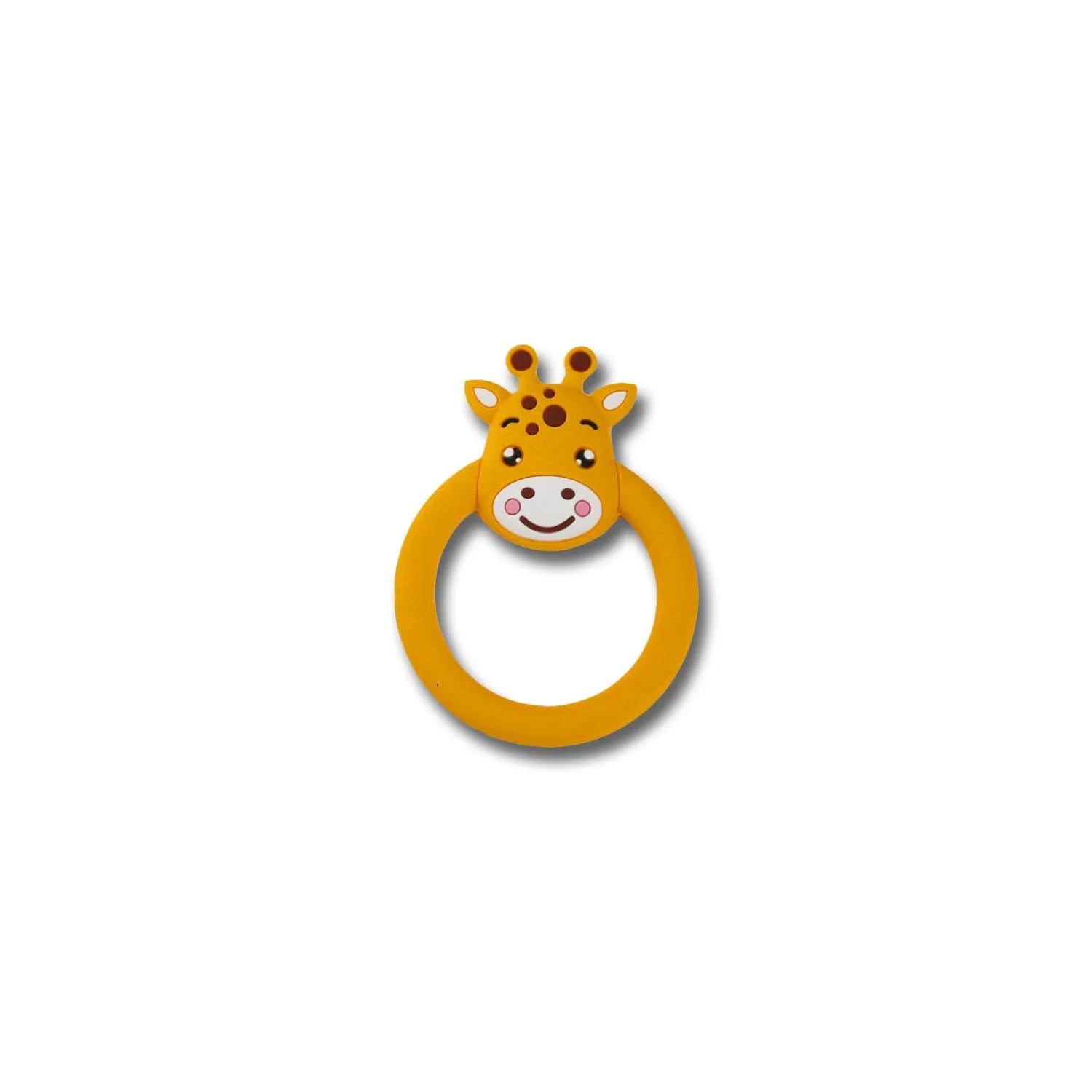Three silicone baby molar teethers in brown, blue, and yellow on a white background