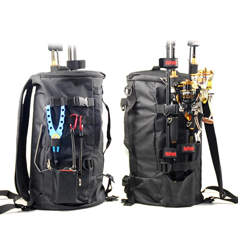 Multi-functional nylon river fishing rod bag in black or army green for bait, line, rod and wheel storage